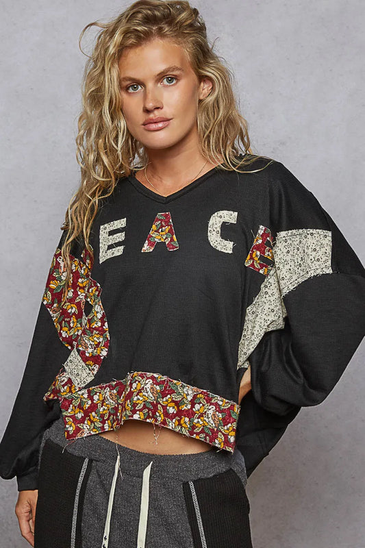 POL Black Peace Patch Floral Long Sleeve Hoodie