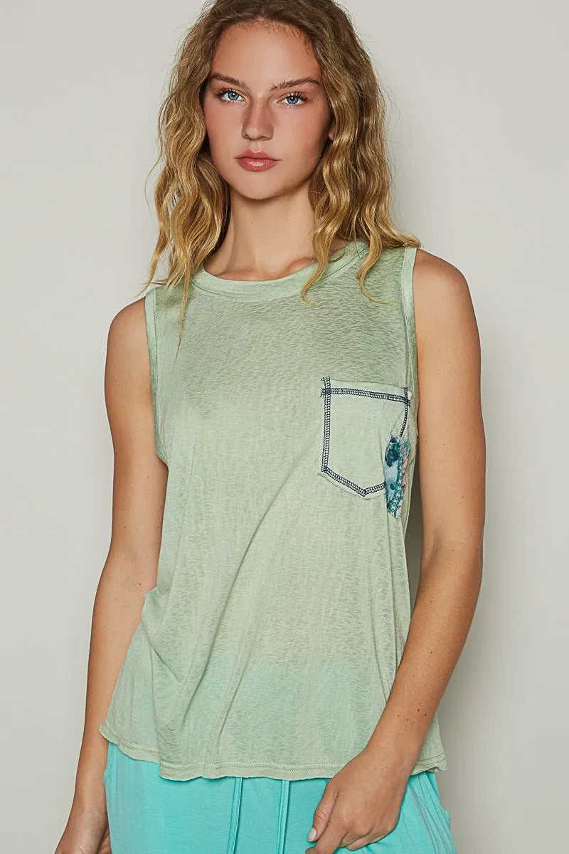 POL Green Floral Detail Pocket Patch Tank Top