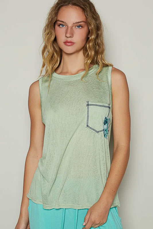 POL Green Floral Detail Pocket Patch Tank Top