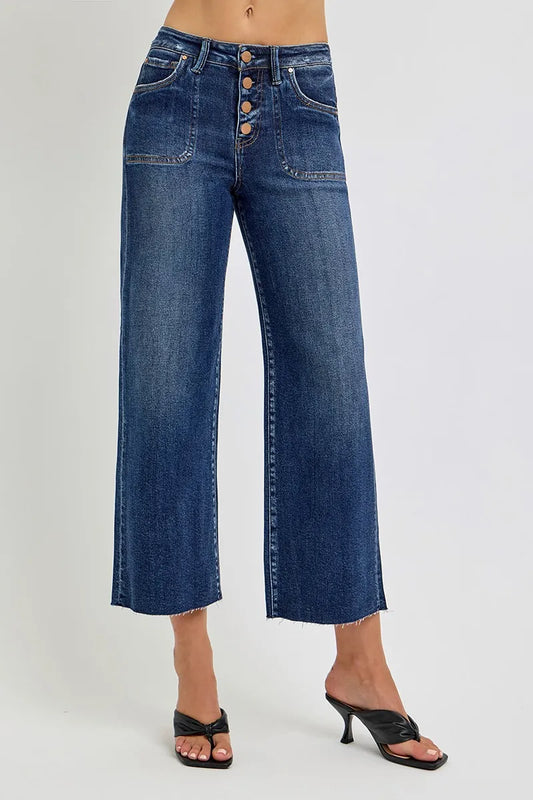 RISEN High Rise Crop Wide Button Up Jeans. Dark Wash.