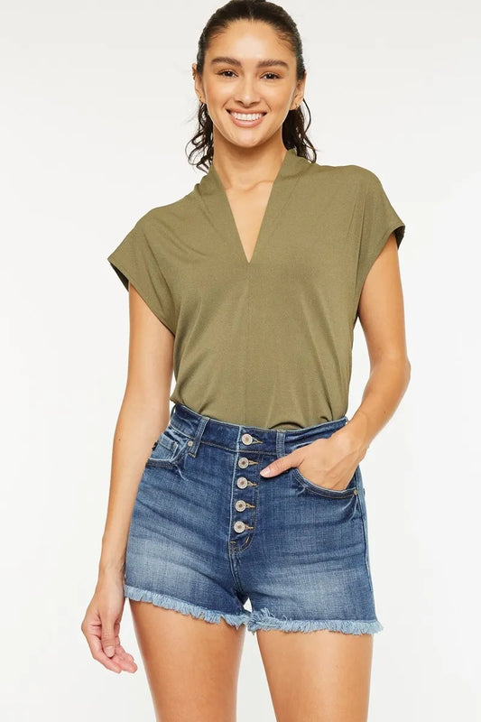 Kancan High Rise Frayed Hem Denim Shorts. Button Fly. Medium Wash
