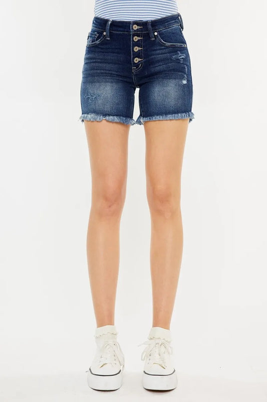 Kancan Mid Rise Button Fly Denim Shorts. Dark Wash.