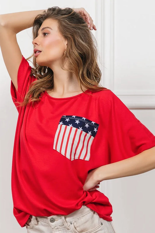 BiBi Red Dolman Sleeve T-Shirt with American stars and stripes front pocket.