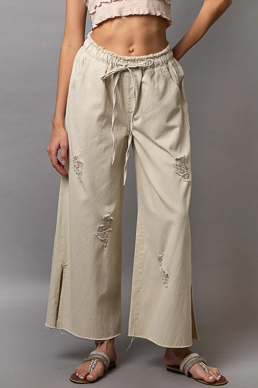 POL Cream Distressed Drawstring Slit Wide Leg Pants