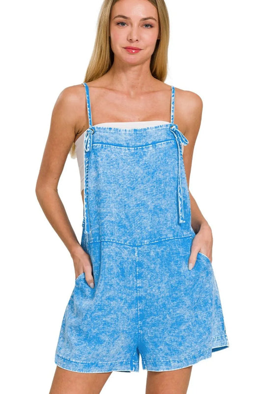 Zenana Blue Washed Linen Knot Strap Romper