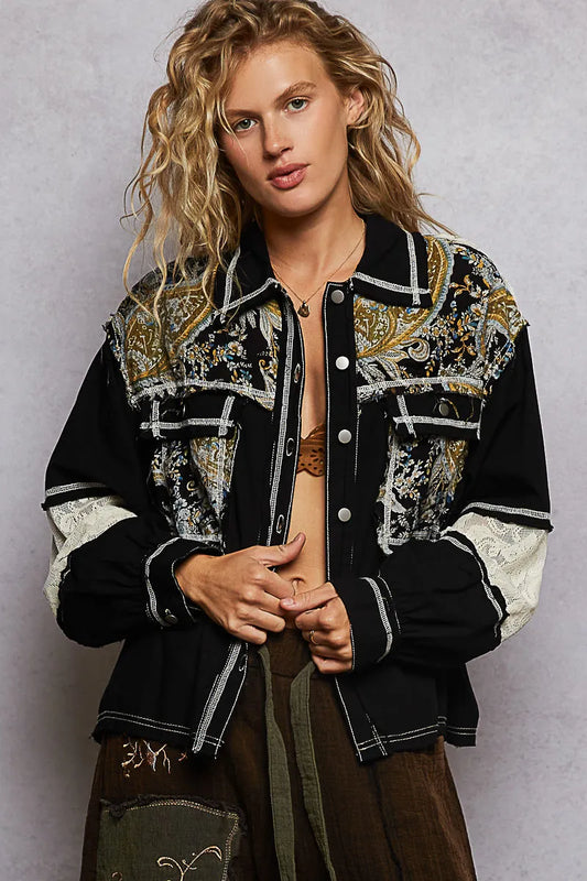 POL  Black Printed Raw Hem Jacket with Lace Detail