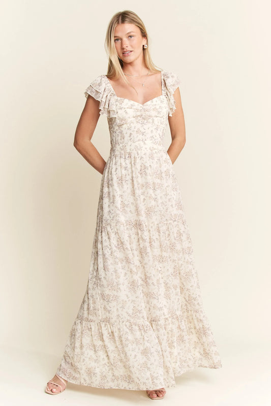 Jade By Jane Ivory Floral Print Ruffle Sleeve Tiered Maxi Dress