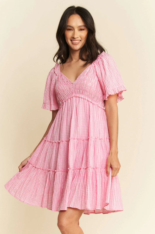Davi & Dani Pink Jacquard Checker Smocked Tiered Dress