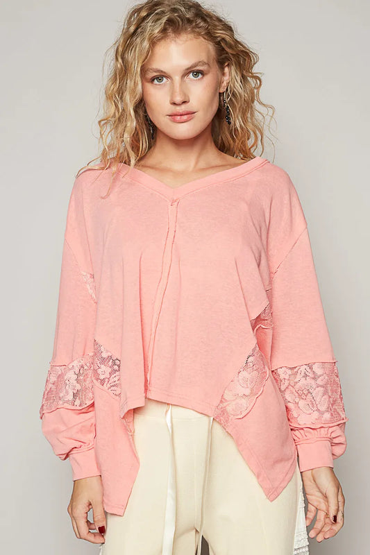 POL Pink V-Neck Long Sleeve T-Shirt with Lace Detail