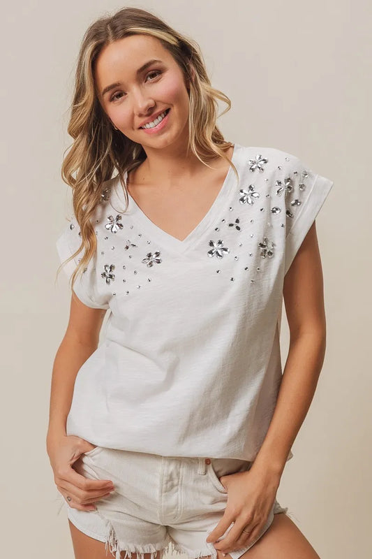 BiBi V Neck T-Shirt with Rhinestone flowers by neck.
