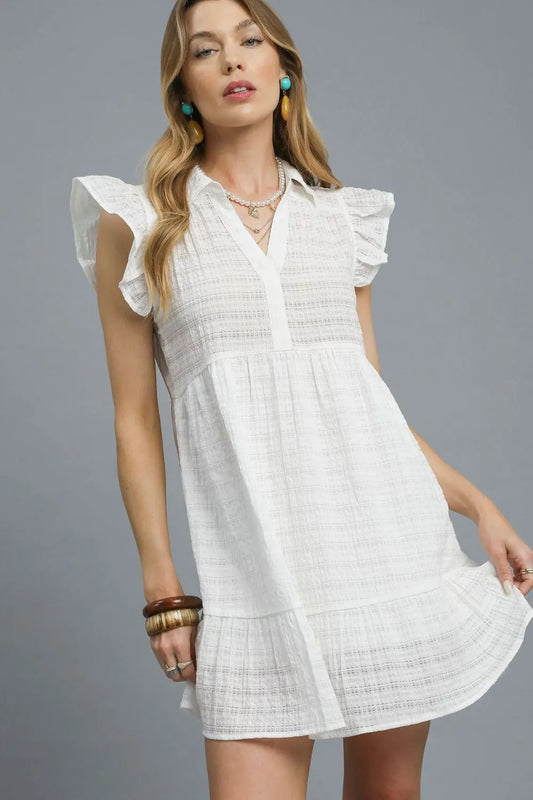 Umgee White Ruffle Cap Sleeve Textured Mini Dress