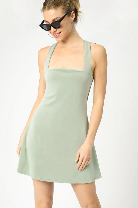Umgee Sage Green Crisscross Square Neck Dress