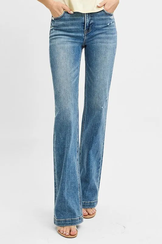 RISEN Distressed Detail Bootcut Jeans. Medium Wash.