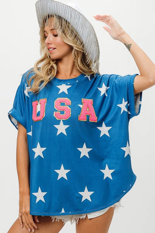 BiBi USA Star T-Shirt. Blue with White Stars and Red USA Lettering.