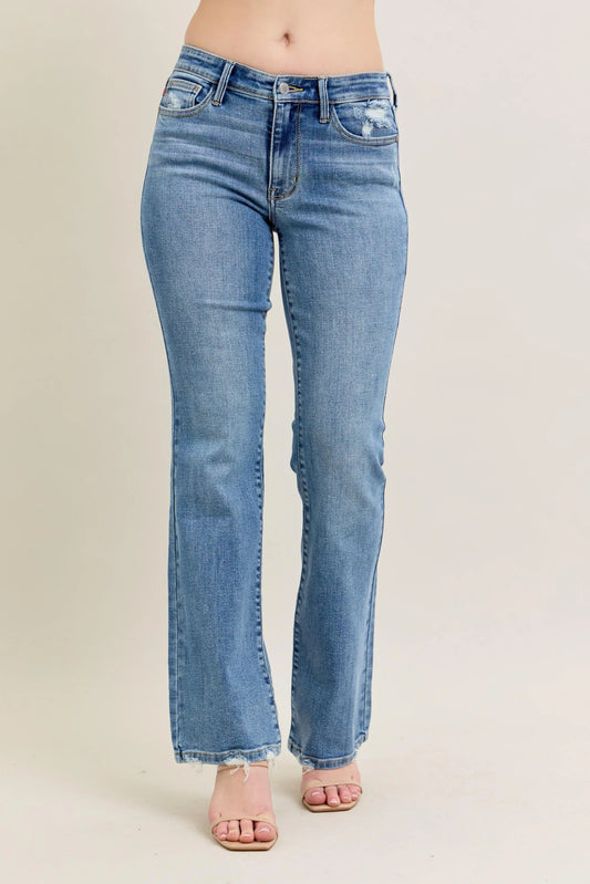 Judy Blue Mid Rise Wash Raw Hem Bootcut Jeans. Medium ash.