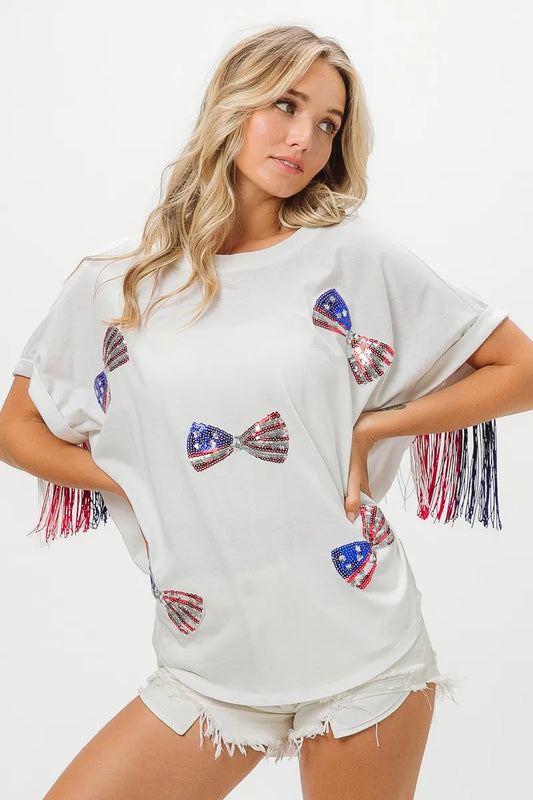 BiBi White T-Shirt with American Flag Sequin Bows. Fringe on Back.