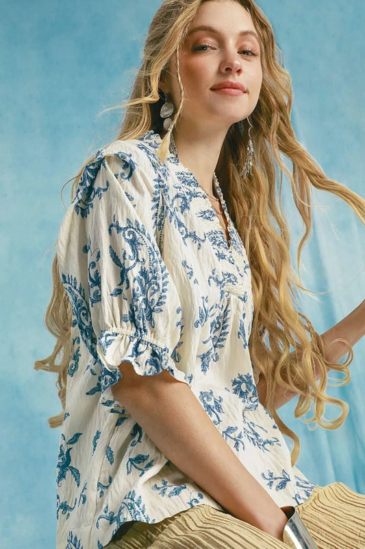 Umgee Blue Floral Print on Cream Background V Neck Half Sleeve Blouse
