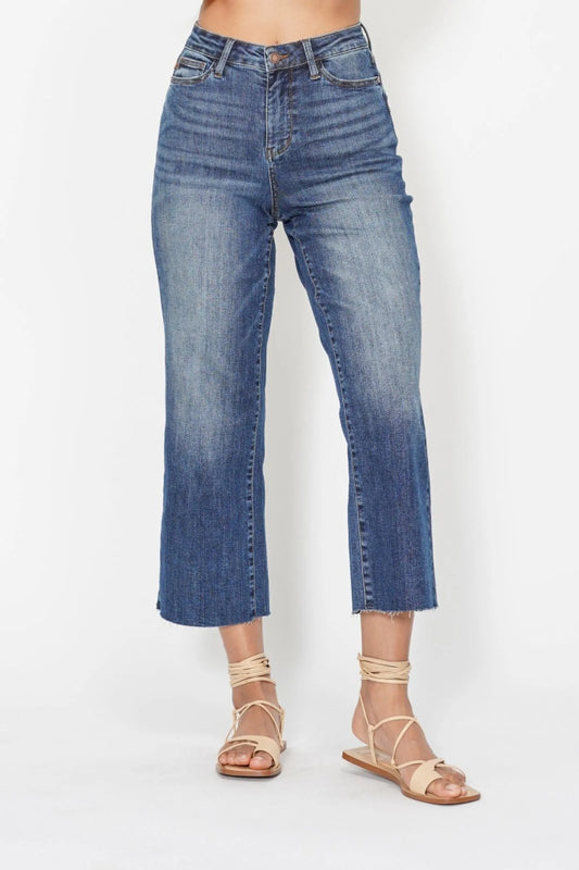 Judy Blue High Waist Back Pocket Embroidery Cropped Wide Leg Jeans. Dark Wash.