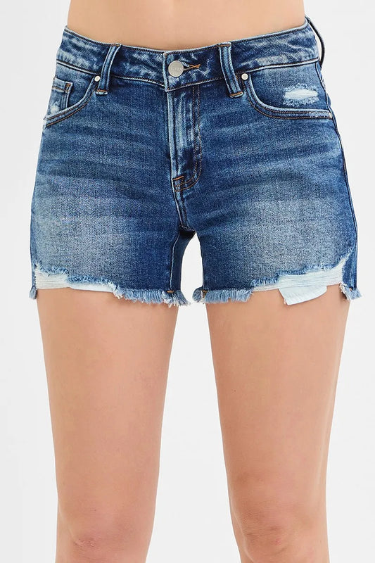 RISEN Low Rise Peekaboo Lining Shorts. Dark Wash.