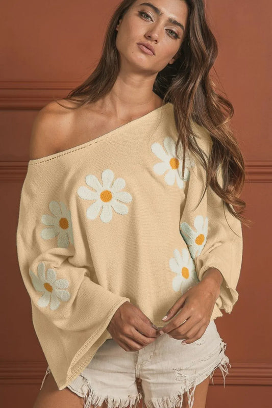 BiBi Flower Embroidery Loose Fit Sweater. Oatmeal sweater with white daisies with yellow centers.
