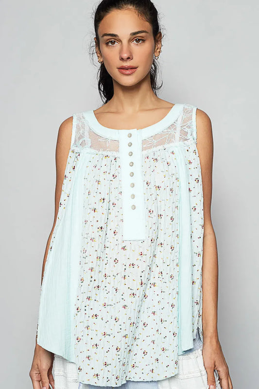 POL Mint Blue Floral Print Button-Front Lace Patchwork Tank Top