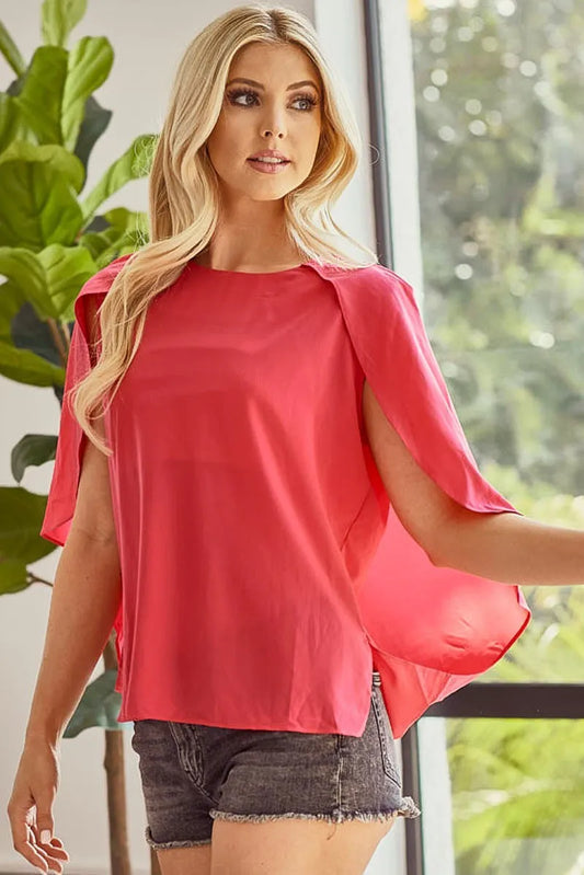 BiBi Red Coral Woven Top With Fold Over Back Detail