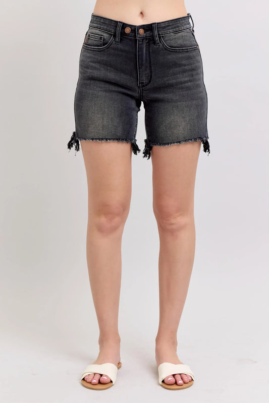Judy Blue Black Long Cut Off 2 Button Dad Denim Shorts