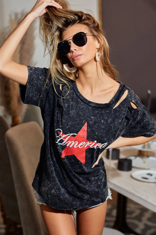 BiBi Laser Cut Mineral Washed America T-Shirt. Washed Black.