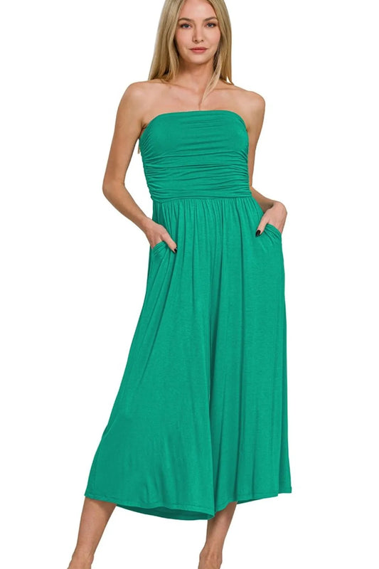 Zenana Green Double Layered Strapless Tube Top Jumpsuit