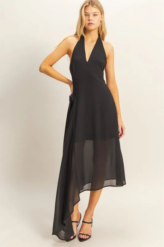HYFVE Black Chiffon Halter Asymmetrical Hem Dress