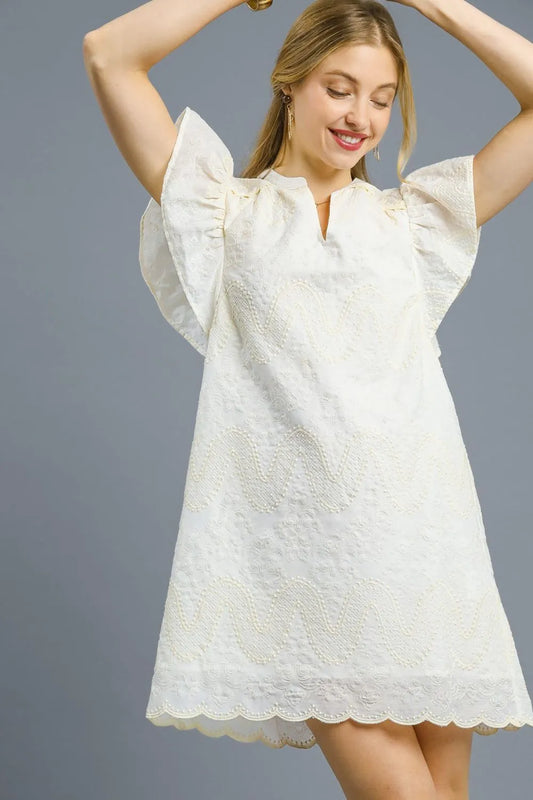 Umgee White Scalloped Hem Embroidered Mini Dress