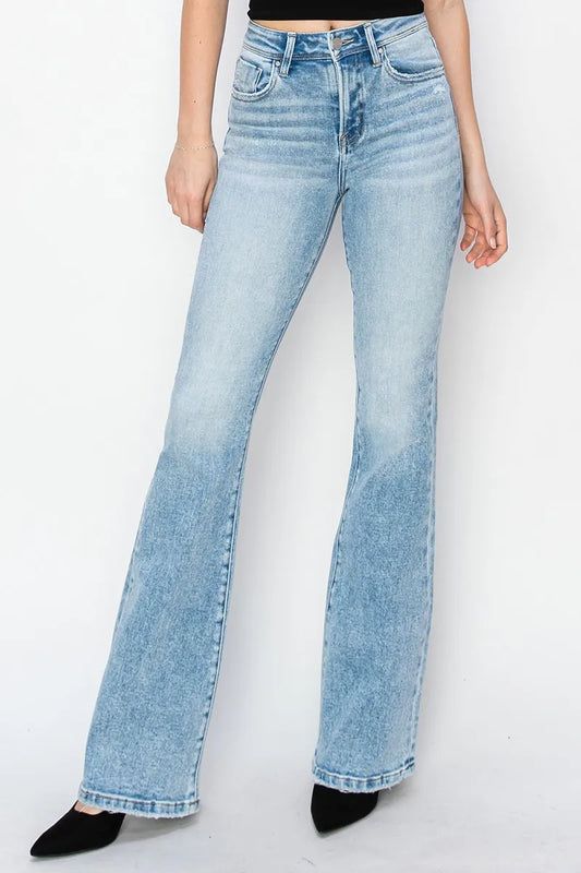 RISEN High Rise Bootcut Jeans. Light Wash.