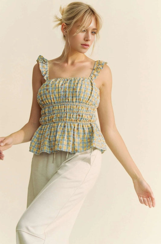 Davi & Dani Blue and Yellow Plaid Ruffled Strap Smocked Sleeveless Top