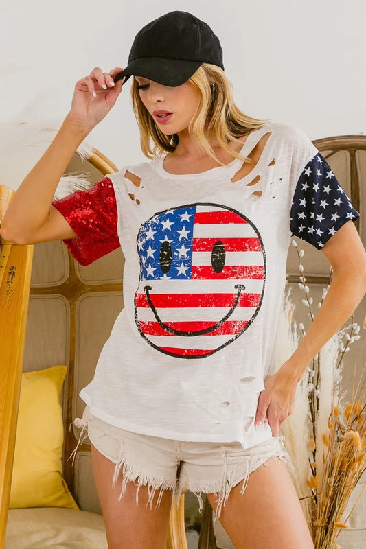 BiBi Fourth Of July Short Sleeve Top With American Flag Smiley Face