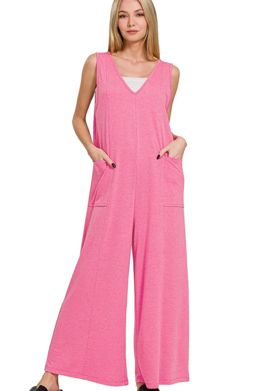 Zenana Pink French Terry Deep V Neck Jumpsuits