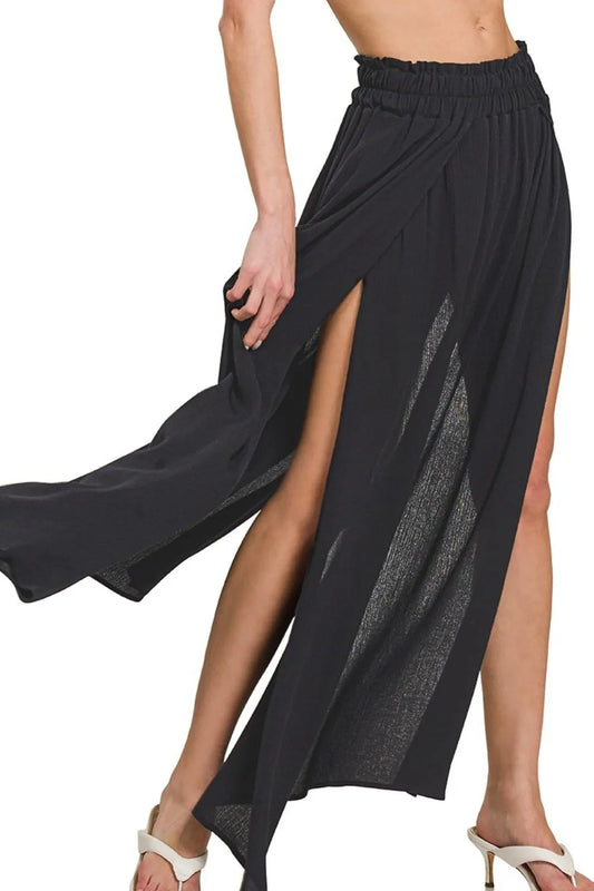 Zenana Black Crinkle Gauze Long Skirt