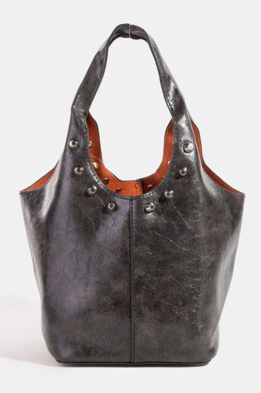 Fame Black Weathered Faux Leather And Studs Bucket Bag