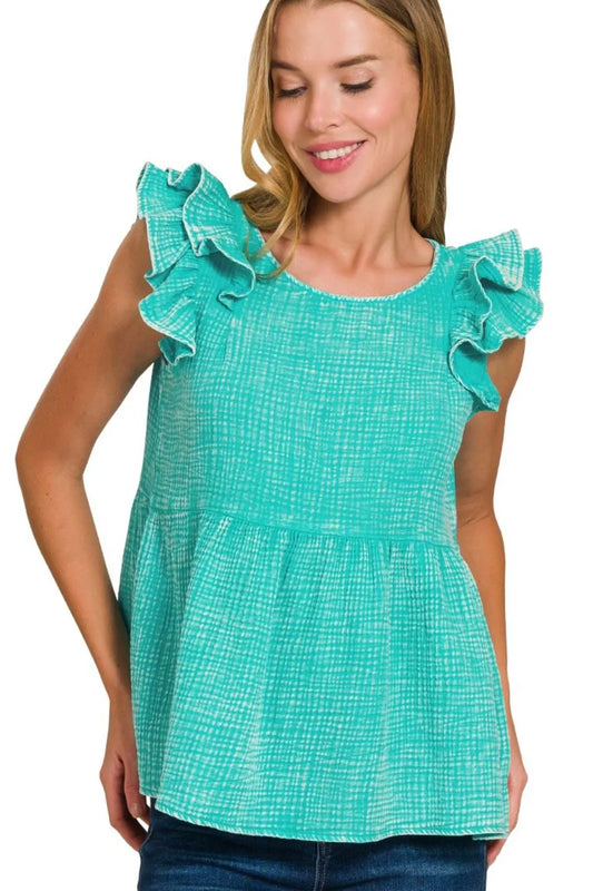 Zenana Turquoise Double Gauze Acid Washed Tiered Ruffle Peplum Top