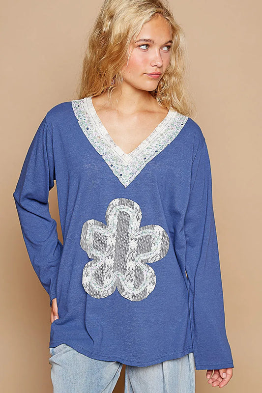 POL Blue Lace Flower Patch Long Sleeve T-Shirt