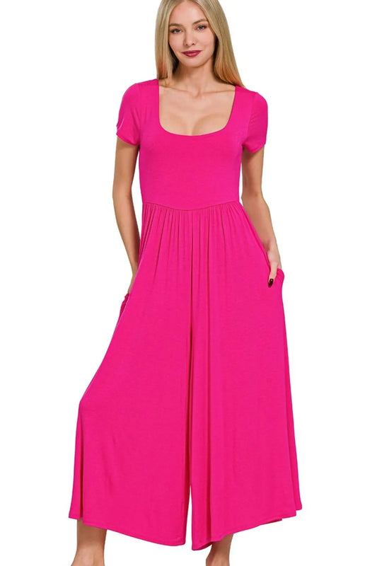 Zenana Hot Pink Double Layered Short Sleeve Jumpsuit