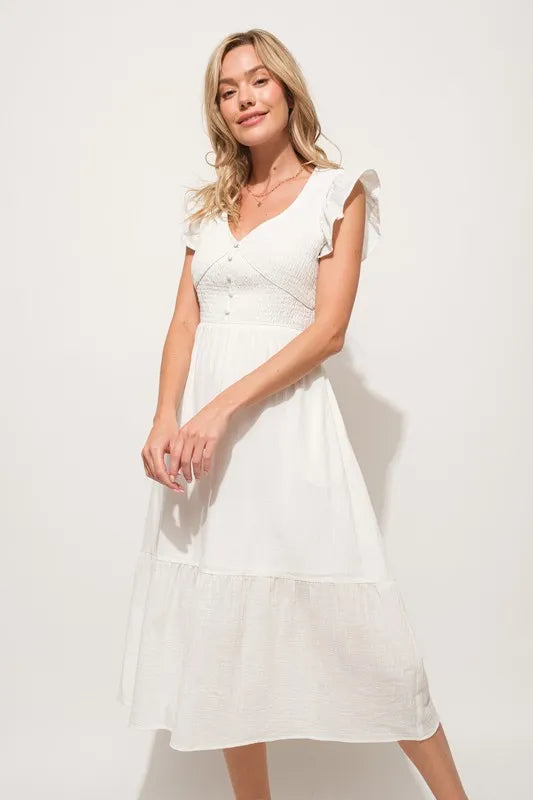 And The Why Off White  Smocked Front Tiered Midi Dress