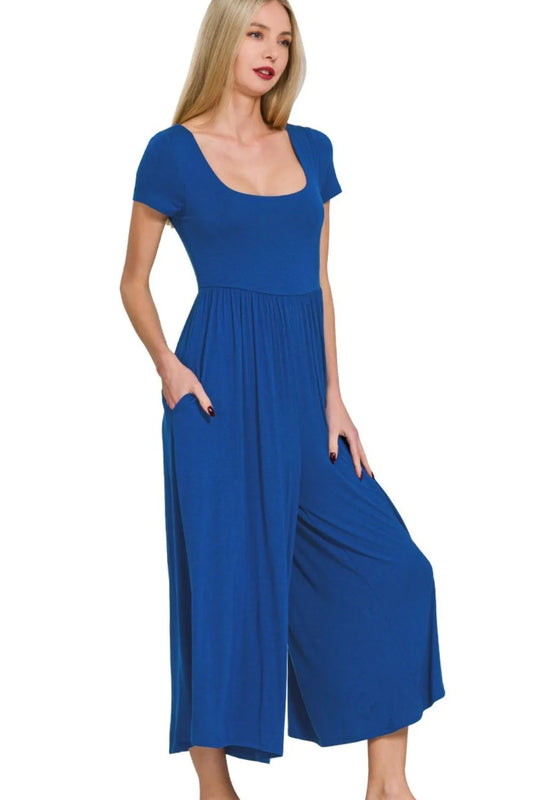 Zenana Blue Double Layered Short Sleeve Jumpsuit