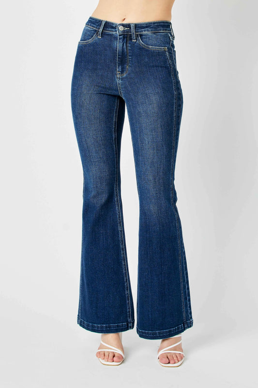 Judy Blue High Waist Side Seam Detail Flare Jeans. Dark Wash.