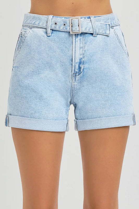 RISEN High Rise Belted Roll Up Shorts. Light Wash.
