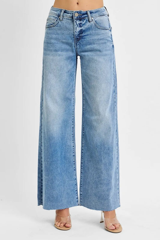 RISEN Tummy Control High Rise Ankle Palazzo Jeans. Light Wash.