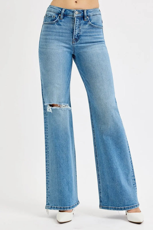 RISEN Distressed Wide Leg Jeans. Medium Wash.