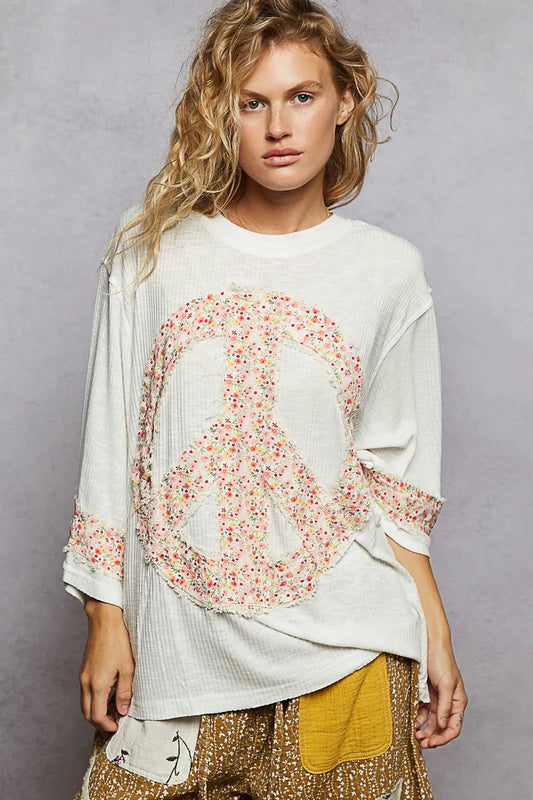 POL Ivory Floral Peace Patch Drop Shoulder T-Shirt