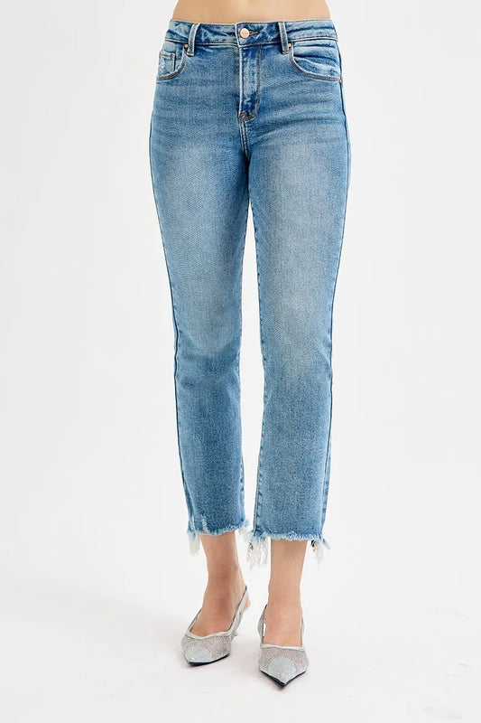 RISEN High Rise Crop Straight Slim Jeans. Medium Wash.