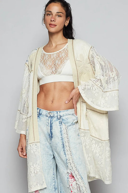 POL Cream Double Gauze and Lace Mix Cardigan with Embroidered Detail