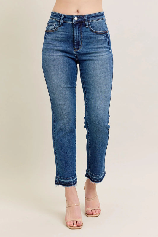 Judy Blue High Waist Cropped Vintage Wash Released Hem Flare Jeans. Medium Wash.